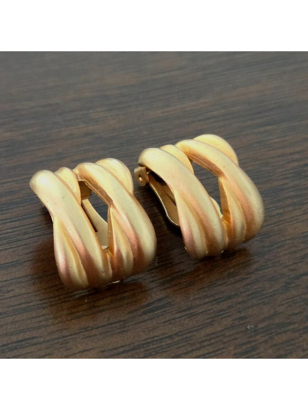 Vintage Brushed Gold Tone Clip On Semi Hoop Earrings